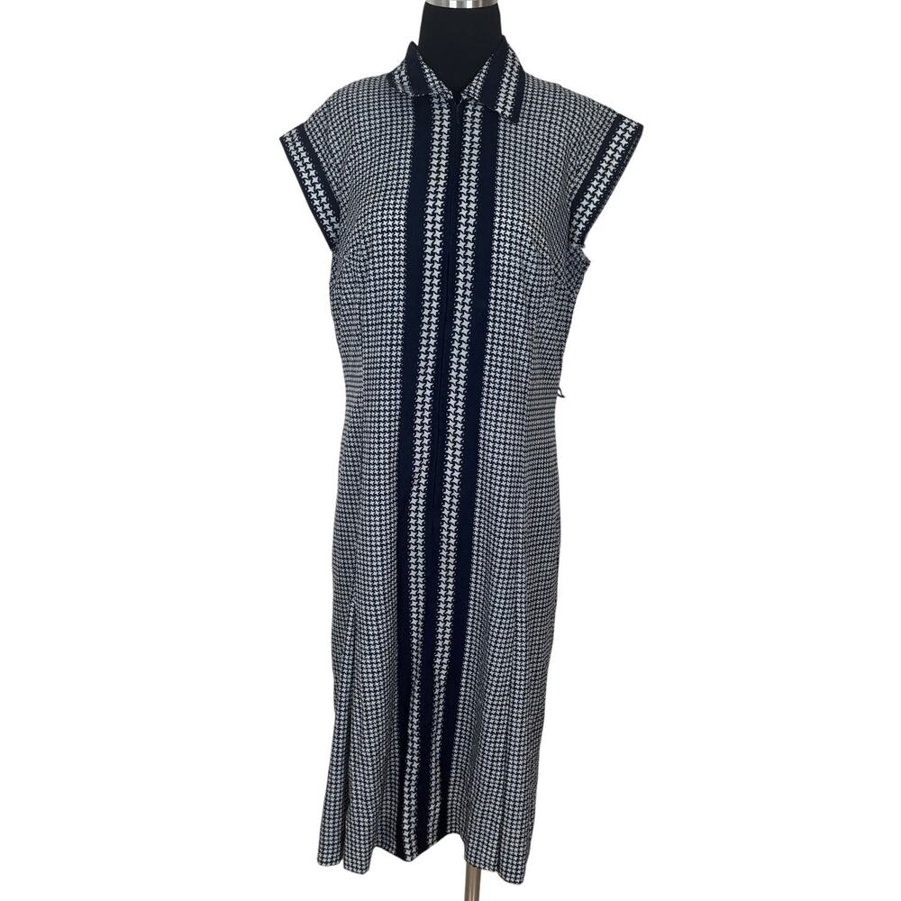 Vintage 1970s Houndstooth Zip Dress Mod Striped Triacetate Blend Retro Office
